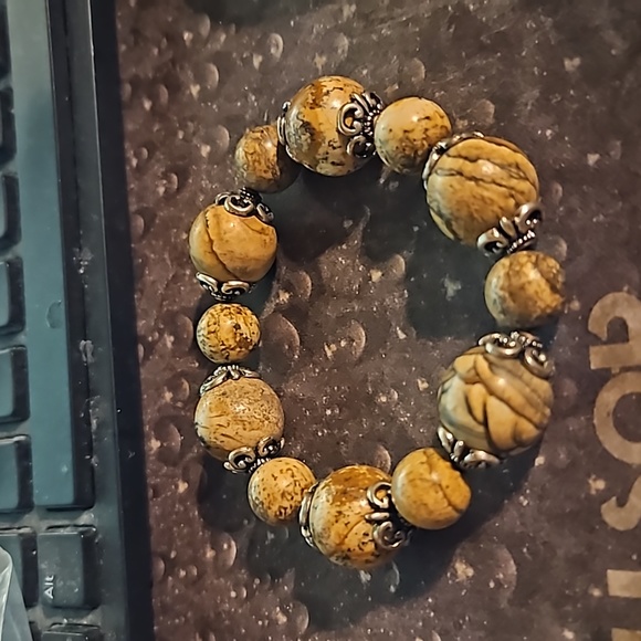 Agate Marble Stone Bracelet Silver Tone Spacers Stretch Design Brown Women's OS - Picture 3 of 3